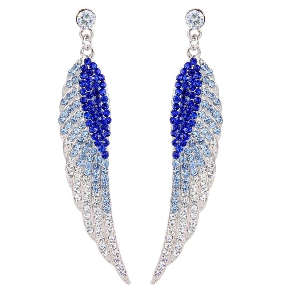 Silver with Blue Sapphire and Diamond Austrian Crystal Angel Wing Post Earrings